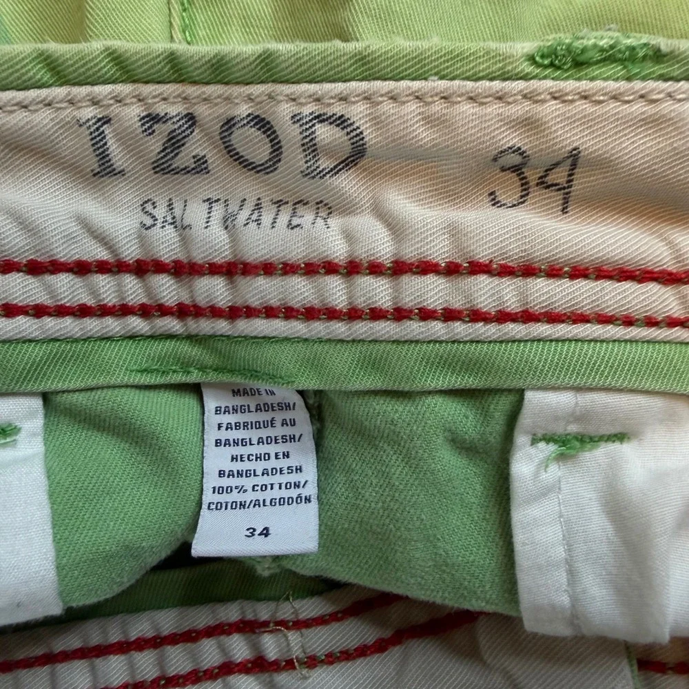 IZOD Saltwater Chino Shorts Mens 34 Lime Green Cotton Twill Flat Front Casual